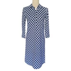 Talbots Dress Womens XS Blue White Geometric Print 3/4 Sleeve Collared Office